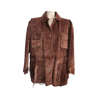 Brandon Thomas‎ Brown Suede Leather Safari Jacket Womens L Utility Belted Coat